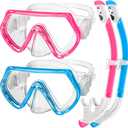 2 Sets Kids Snorkeling Gear for Ages 3-14, Anti-Fog 180 Clear View Dry Top Snorkel Set, Swimming Mask with Nose Cover & Tempered Glass Goggles for Youth Boys Girls Junior (Small-Medium, Blue+Pink)