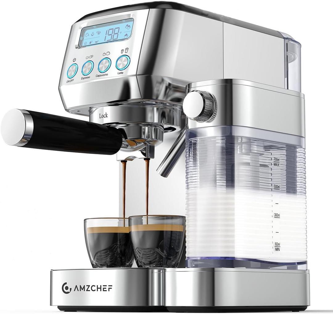 AMZCHEF Espresso Machine with LCD Display, 20 Bar Cappuccino Machines with Automatic Milk Frother for Home Gifts, Latte Coffee Maker with Dual Wall & Filters, Stainless Steel Style