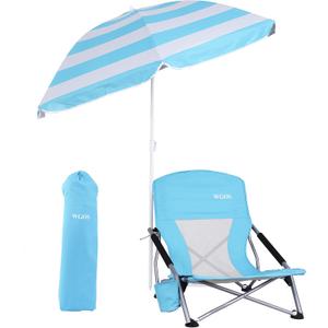 Beach Chair Low Beach Chairs for Adults Beach Chair with Folding Chair Detachable SPF 50+ Umbrella, Armrests, Cup Holder, Portable Sand Chair for Beach (1-Pack Blue)
