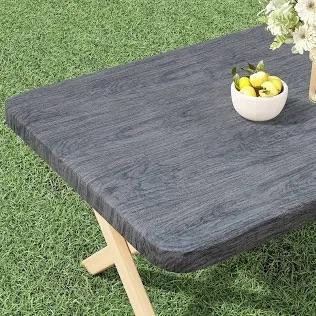 Fitted Tablecloth with Elastic Edge, 100% Waterproof Oil Proof Plastic Table Cover, Rectangular, Gray Wood 