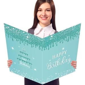 CHUNNIN Jumbo Birthday Guest Book Greeting Cards Teal Silver Large Gifts Card With Envelope Supplies Teal Giant Guest Book Signs for Girl Women Glitter Birthday Party Decorations