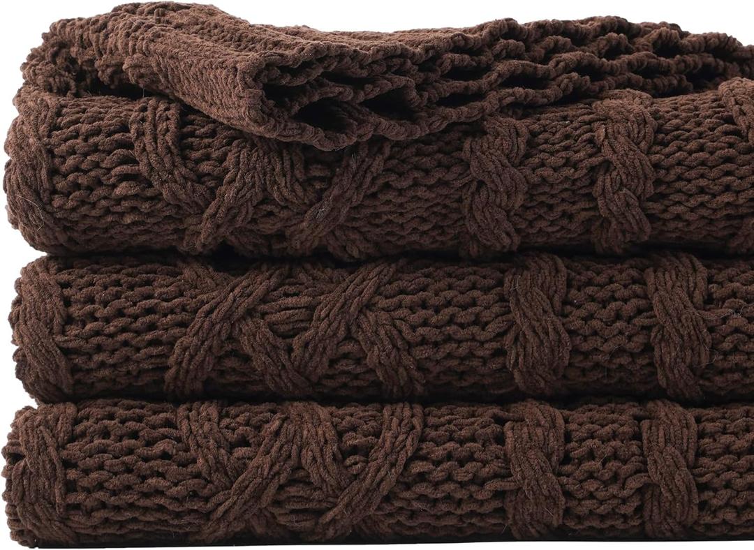 Battilo Dark Brown Throw Blanket for Couch, 51"x67" Soft Chenille Knit Throw Blanket for Home Decor, Soft Cozy Blanket, Decorative Chocolate Brown Blanket for Bed, Living Room