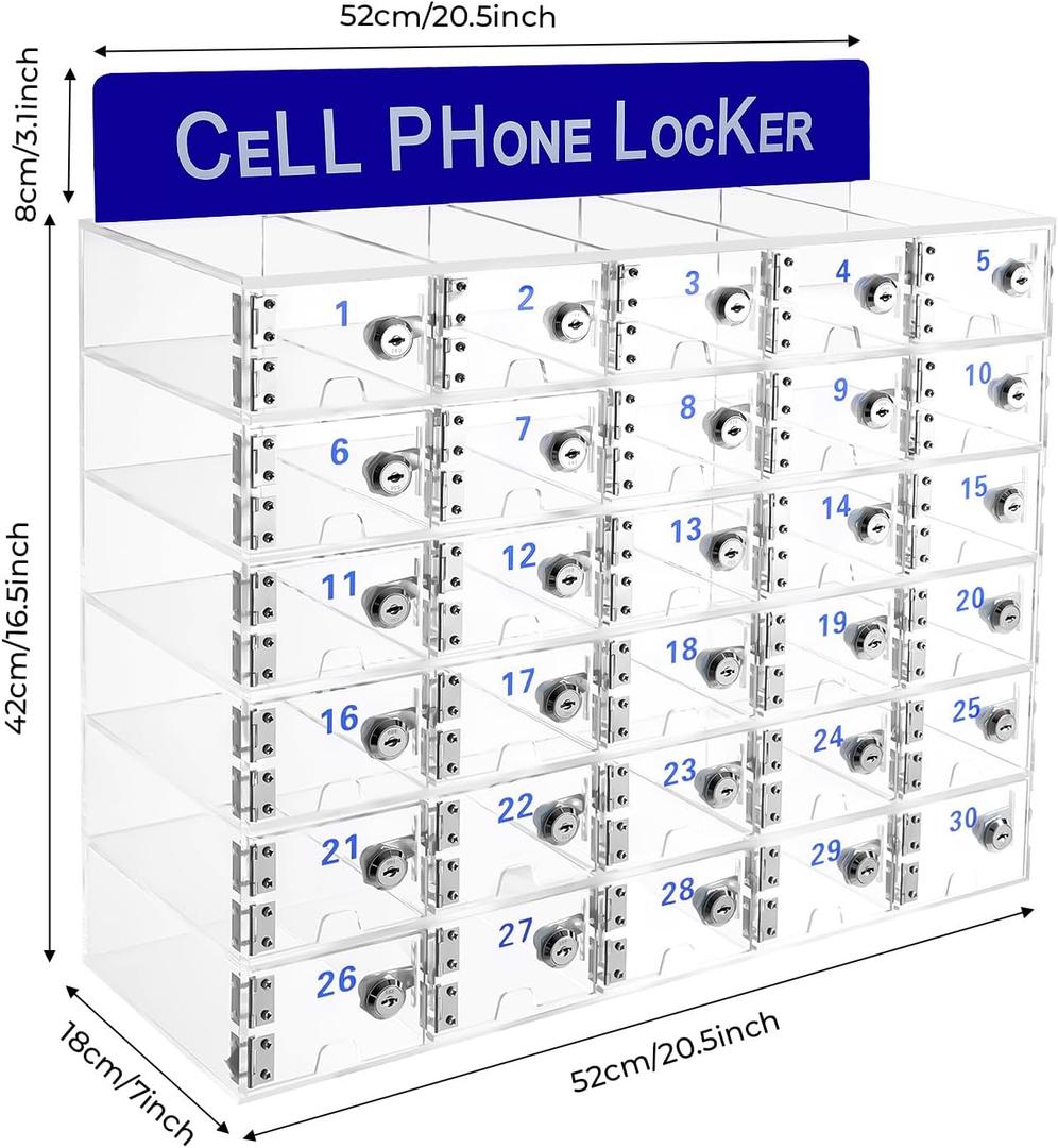 Acrylic Cell Phone Locker Box, Clear Cell Phones Storage Cabinet with Door Locks and Charging Slot, Wall-Mounted Pocket Locker for Office Classroom Conference Rooms (30 Slots)