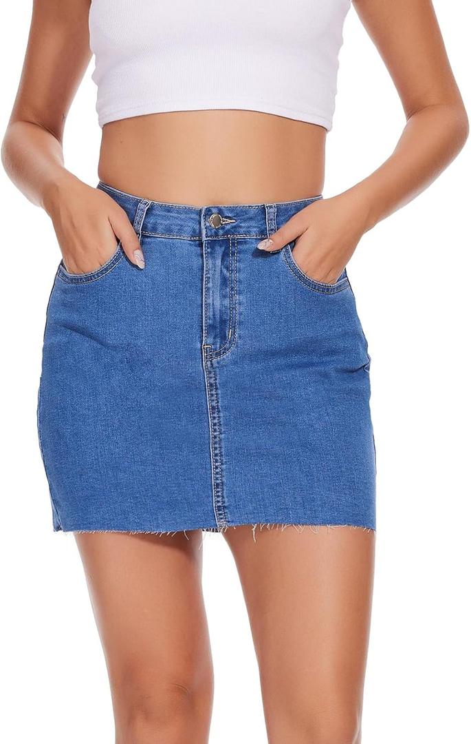 VIPONES Women Denim Skirt High Waist Raw Hem Stretch Ripped Casual Mini Jean Skirts (Blue)