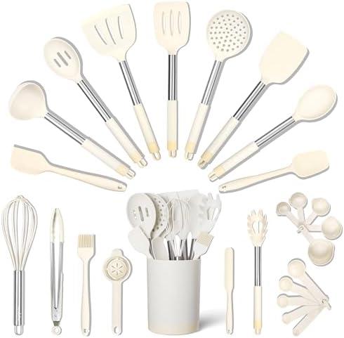 SMIRLY Kitchen Utensils Set, 26PCS Silicone Cooking Utensils Set, Spatula Set with Holder, Stainless Steel Kitchen Gadgets for Home and Kitchen (White)