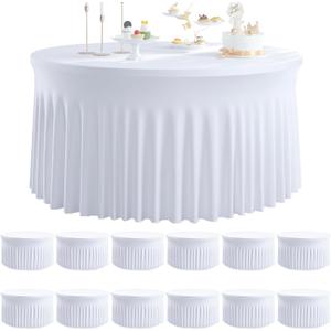 12 pk Round Spandex Tablecloths for 72inch Table, Stretchy Wrinkle Free 132inch Fitted 6FT Round Table Cloths Cover with Skirt for Wedding Birthday Party Banquet Events (White)