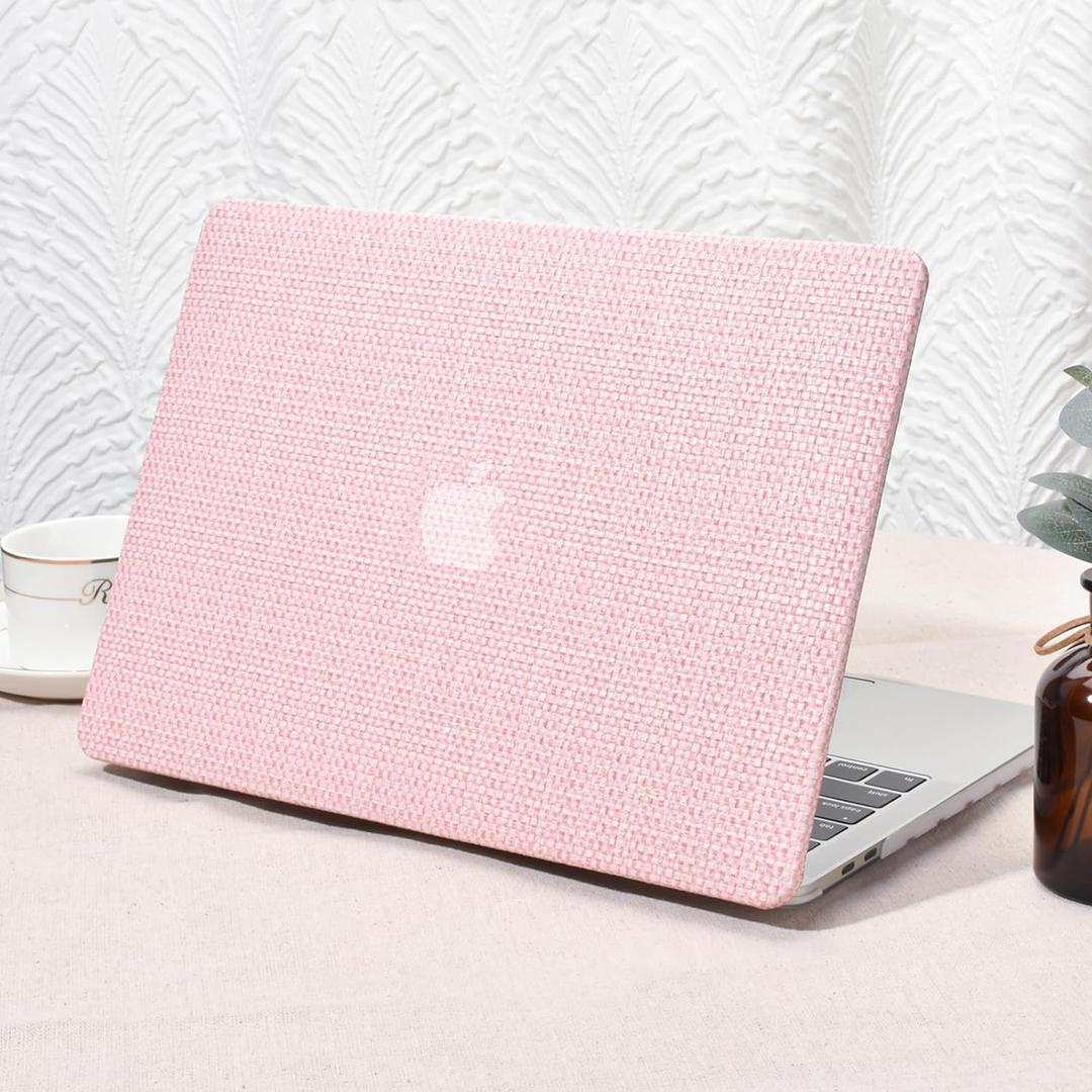 Seorsok Compatible with MacBook Pro 13 inch Case M2 2023,2022,2021-2016 A2338 M1 A2251 A2289 A2159 A1989 A1708 A1706,Elegant Leather Plastic Hard Shell&Transparent Keyboard Cover,Pink Woven Fabric