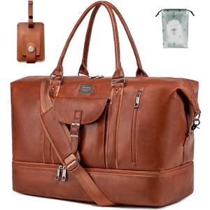 weiatas Faux Leather Travel Duffel Bag for Women Men, Large Weekender Overnight Bag with Shoes Compartment, Waterproof Carry On Bag Travel Tote Bag Gym Bag with Luggage Strap (Brown)