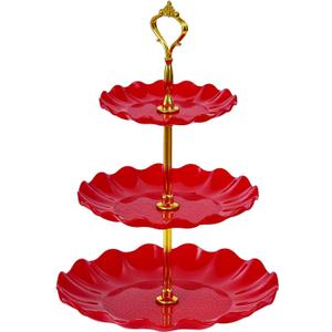 Soleebee 3-Tier Cupcake Stand, Wavy Plastic Tiered Serving Tray, Cup Cake Tower for Birthday Wedding Party Decoration, Cupcake Tier Stand Fruits Desserts Display (Red)