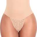 Werena Tummy Control Thong Shapewear for Women Mid High Waisted Body Shaper Underwear Lace Shaping Thong Girdle Panties (Medium, #A1 Mid Rise Beige)