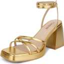 ISNOM Gold Platform Heels for Women Comfortable Strappy Heels Short Block Chunky Sandals Ankle Strap Simple Summer Heeled Sandals Square Open Toe for Wedding Work Party Dressy Prom, Gold, Size 9.5