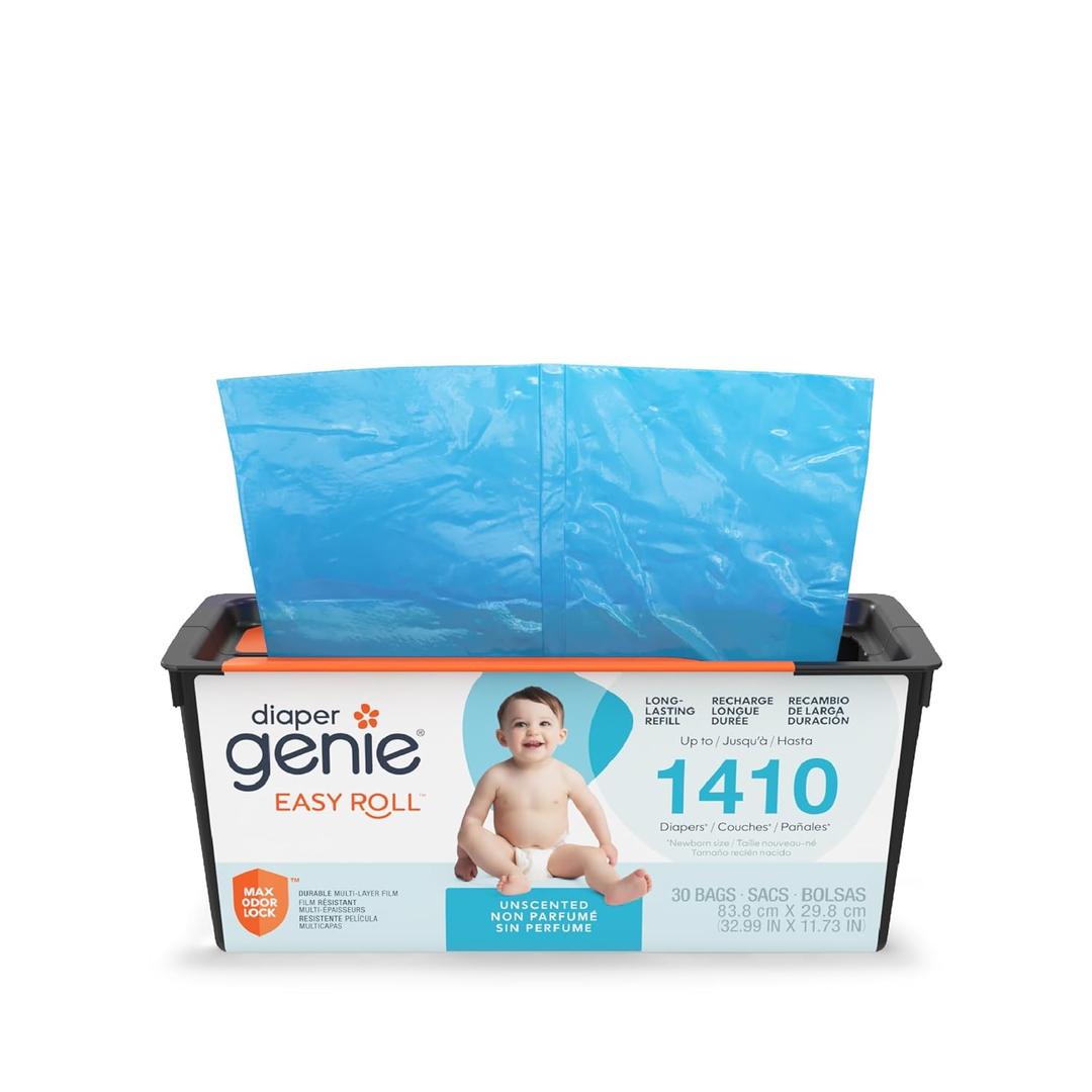 Diaper Genie Easy Roll Refill | 30 Bags Per Refill | Holds Up to 1410 Newborn Diapers | Odor Control | Diaper Pail Refill Bags | Fits Diaper Genie Signature & Platinum Pails (30 Count (Pack of 1), Unscented)