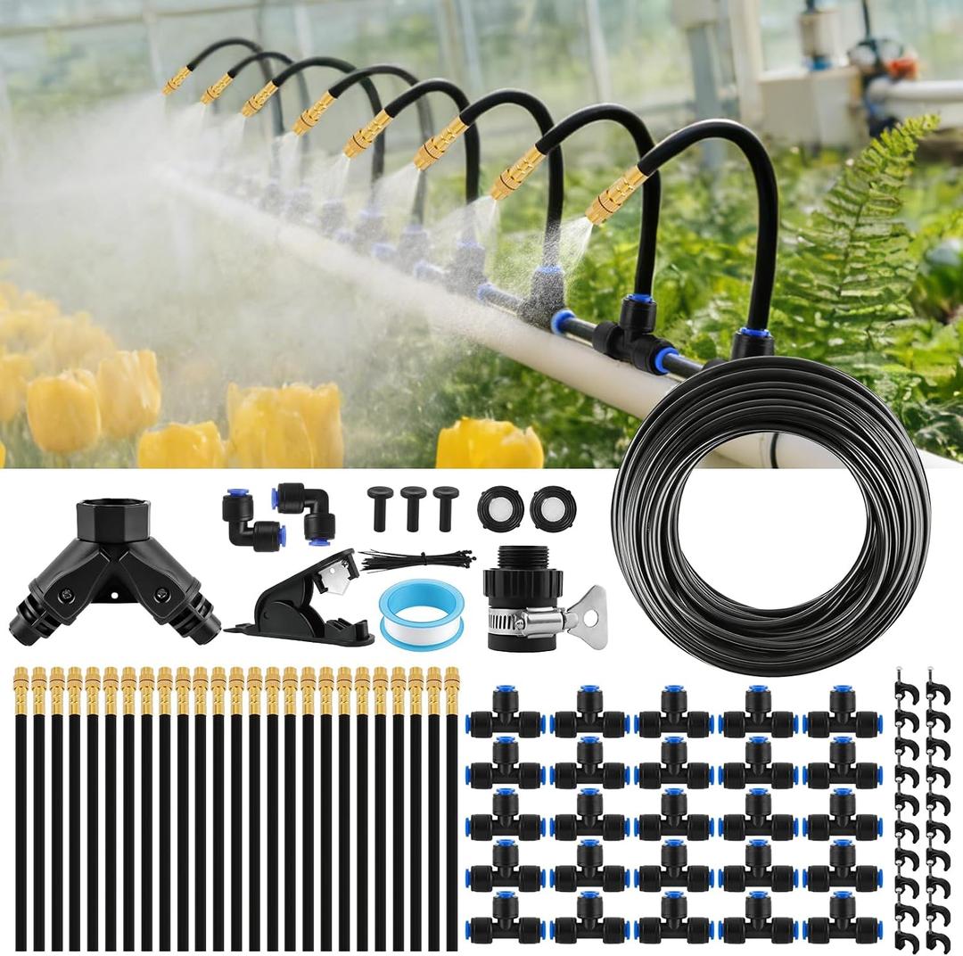 Kalolary 100Ft Misting Cooling System with 360Adjustable Nozzles,Misters for Outside Patio with 100FT Misting Line& 25pcs Brass Mist Nozzles Outdoor Mister for Garden Greenhouse Plant Drip Irrigation