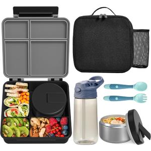 Kids Bento Lunch Box with 8oz Soup Thermo, Water Bottle, Kids Leakproof Lunch Food Containers with 4 Compartment, Insulated Hot Food Jar with Lunch Bag for School, Travel (Black)