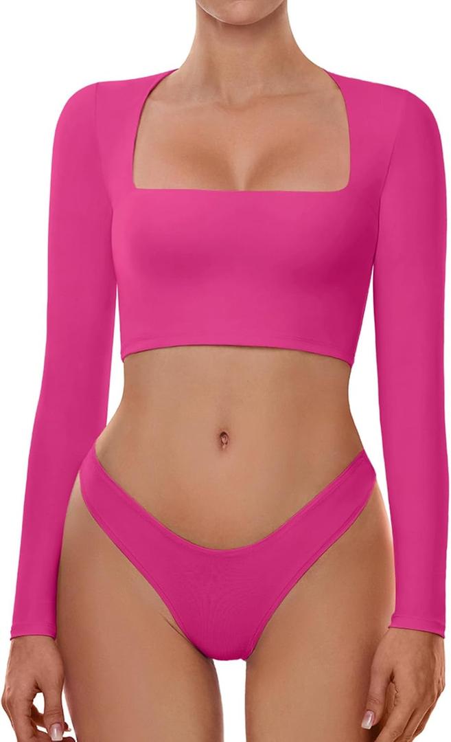 Cyanstyle Womens Double Lined Long Sleeve Crop Tops Shirts Square Neck Tight Fitted Going Out T-Shirt Neon Rose Red S