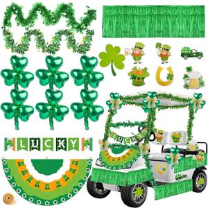 28 Pcs St. Patrick's Day Parade Golf Cart Decoration Kit Saint Patrick Golf Cart Car Decor Irish Burlap Bunting Flag Paper Banner Metallic Tinsel Garland Shamrock Balloon Stickers for St Patricks Day