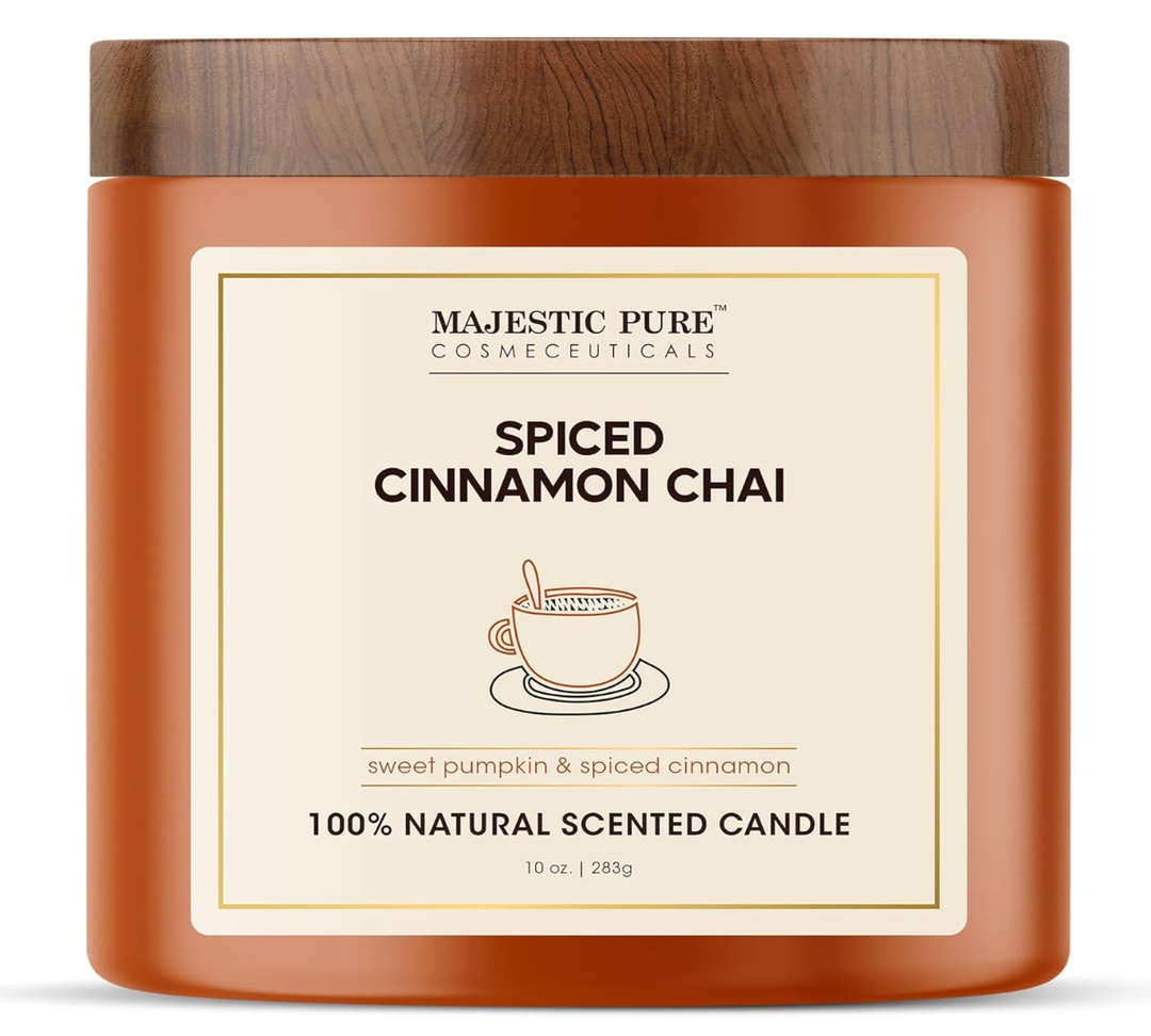 Majestic Pure Pumpkin Cinnamon Scented Candle with Upto 45+ Hrs Burn Time, 2-Wick Candle, Soy Wax Blend for Cleaner Consistent Burn, 10 oz Jar Candle with Room Filling Fragrance, Spiced Chai