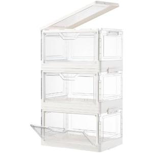 Clear Storage Bins with Lids Stackable & Durable Plastic Folding Bins for Bedroom, Living Room, Study, Bins with Magnetic Closure (3 Tier-3Lids)