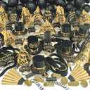 Crown Display New Years Eve Party Supplies, 352 Pieces, Black And Gold Top Hats Tiaras Bead Necklace Noise Makers, 2026 New Years Decorations Happy New Year Decorations 2026 Bulk Party Favors