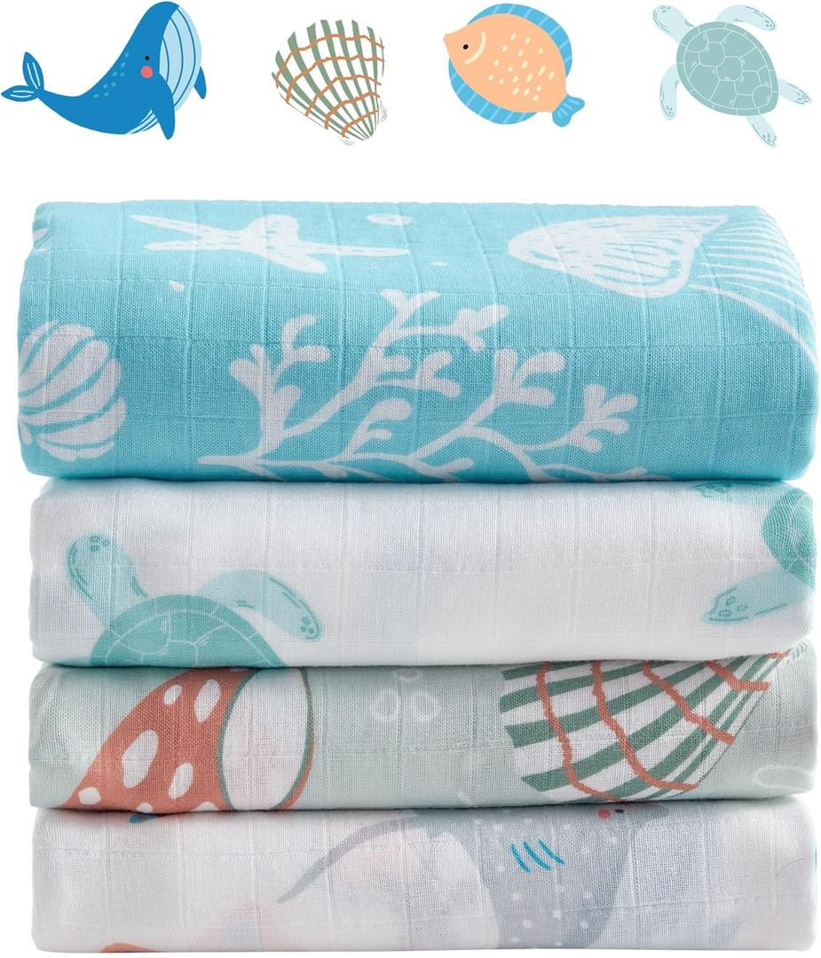 4-Pack Baby Muslin Swaddle Blankets, 47 x 47 Inches Soft Breathable Swaddle Blanket, Lightweight Receiving Blanket for Newborns and Infants, Ocean Friends