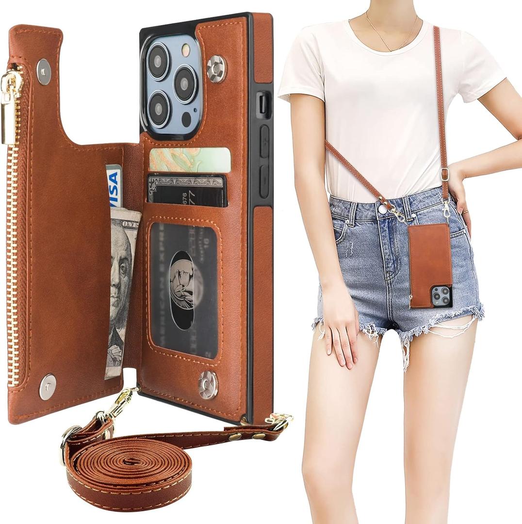 Bocasal Crossbody Wallet Case for iPhone 14 Pro with RFID Blocking Card Slot Holder, Magnetic Flip Folio Purse Case, PU Leather Zipper Handbag with Detachable Lanyard Strap 6.1 Inch 5G (Brown)