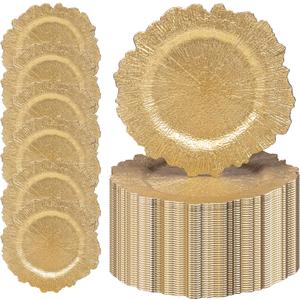 MAONAME 13" Gold Charger Plates, Round Reef Chargers for Dinner Plates, Plastic Plate Chargers Bulk for Table Setting, Wedding Decor, Set of 50