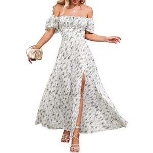 Women's Summer Puff Sleeve Floral Split Maxi Dress Flowy A Line Casual Beach Long Dresses 2026 (M)