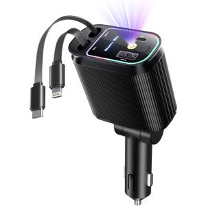 Starlight Retractable Car Charger with Retractable Cables, Starlight in Car Roof 4 in 1 Super Fast USB C Car Phone Charger, 2 USB Ports Starry Sky Adapter, Compatible with iPhone 17 16 15 14 13 12