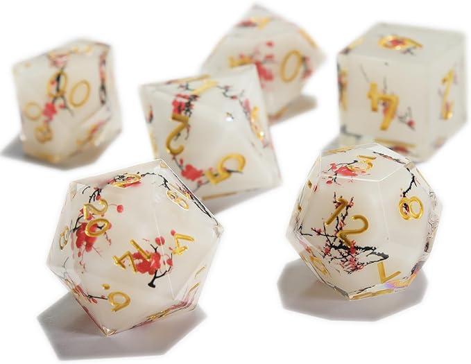 DND Dice Set 7 PCS Resin Dungeons and Dragons Dice with Plum/Cherry/Flower Blossom for Tabletop Games, Gift with Box for D&D, RPG, MTG (Polyhedral)