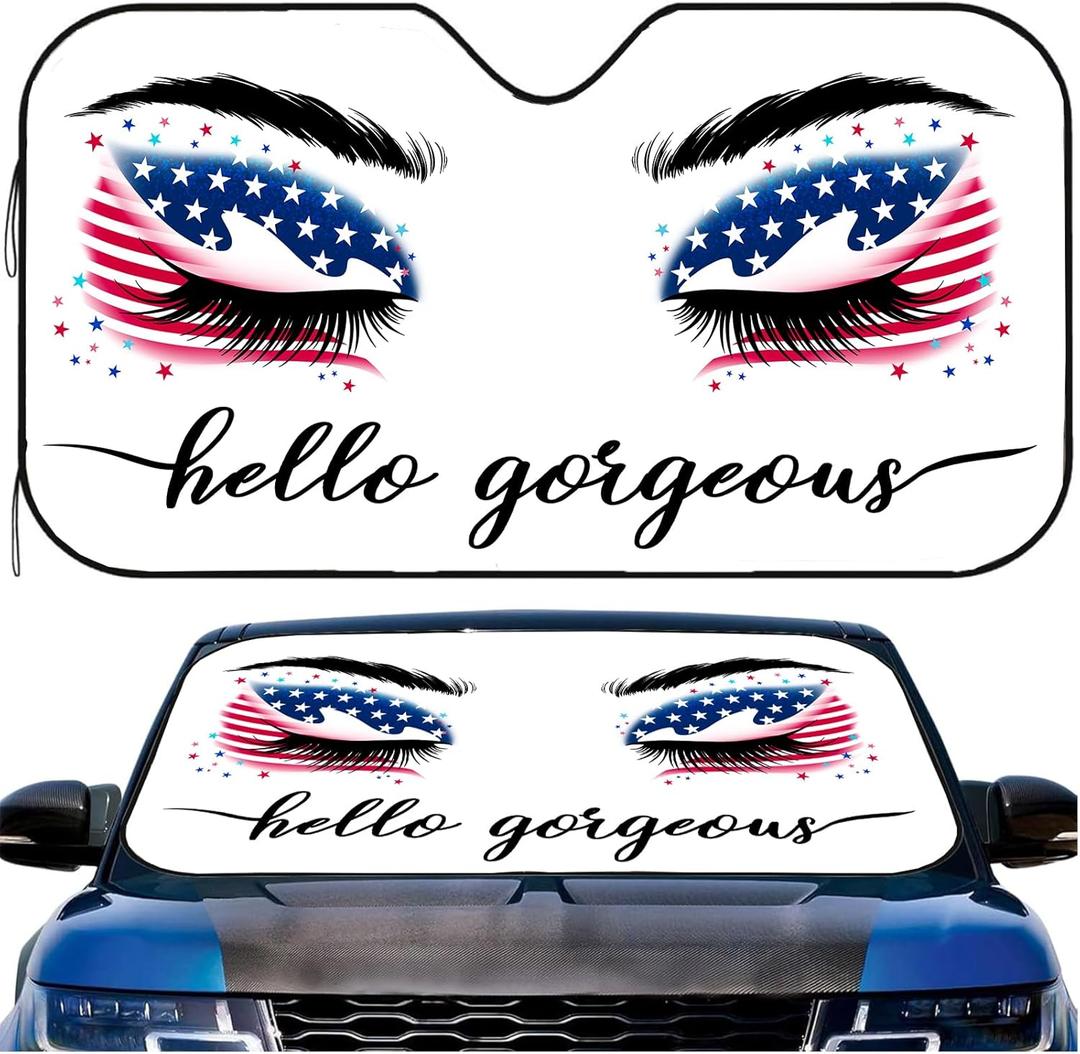 Sun Shade for Car Windshield, American Flag Fun Eyes Car Window Sunshade for Truck Patriotic UV Rays Protect Sun Visor Cover Foldable Heat Block Sun Shield Keeps Vehicle Cool (55x30 inches, USA American Flag Gorgeous White)