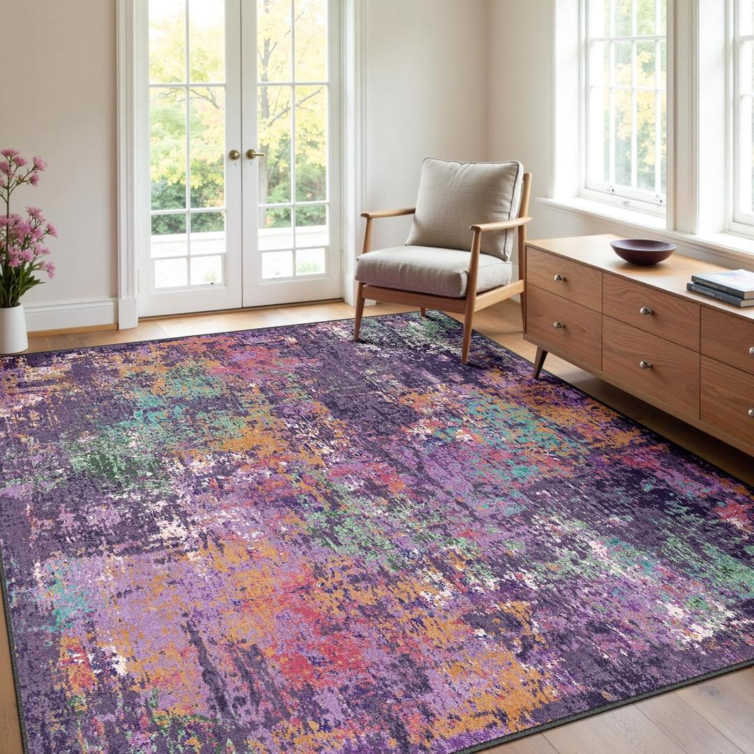 RELEANY Washable Area Rugs 4'x6' Non-Slip Modern Abstract Soft for Living Room Entryway Bedroom Nursery, Print Pattern, Purple Orange Blue Green Rust Red Colorful