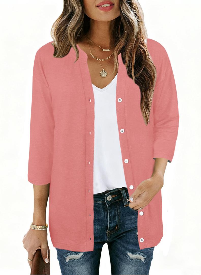 JomeDesign 3/4 Sleeve Womens V Neck Lightweight Cardigan Button Down Shirts Open Front Knit Tops Pink Small