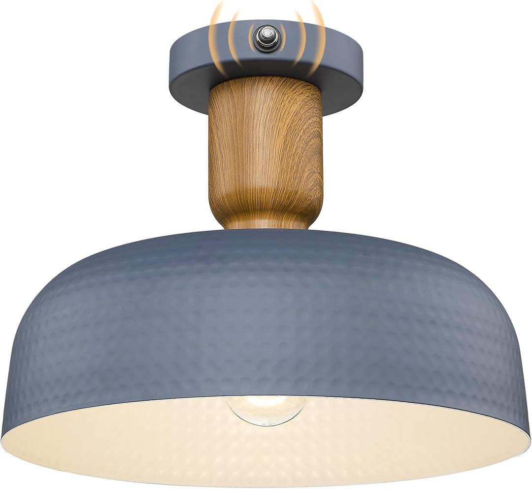 Darkaway Dusk to Dawn Industrial Semi Ceiling Light Fixtures, Flush Mount Indoor Outdoor Ceiling Light with Blue Hammered Metal Shade Outdoor Porch Foyer Entryway