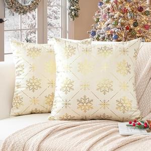 Ohok Set of 2 Christmas Velvet Pillow Covers Hot Foil Stamping Pattern Throw Pillow Covers for Farmhouse Home Decor Sofa Couch Bed Bedroom Living Room (Gold Snow Beige, 20x20-Inch)
