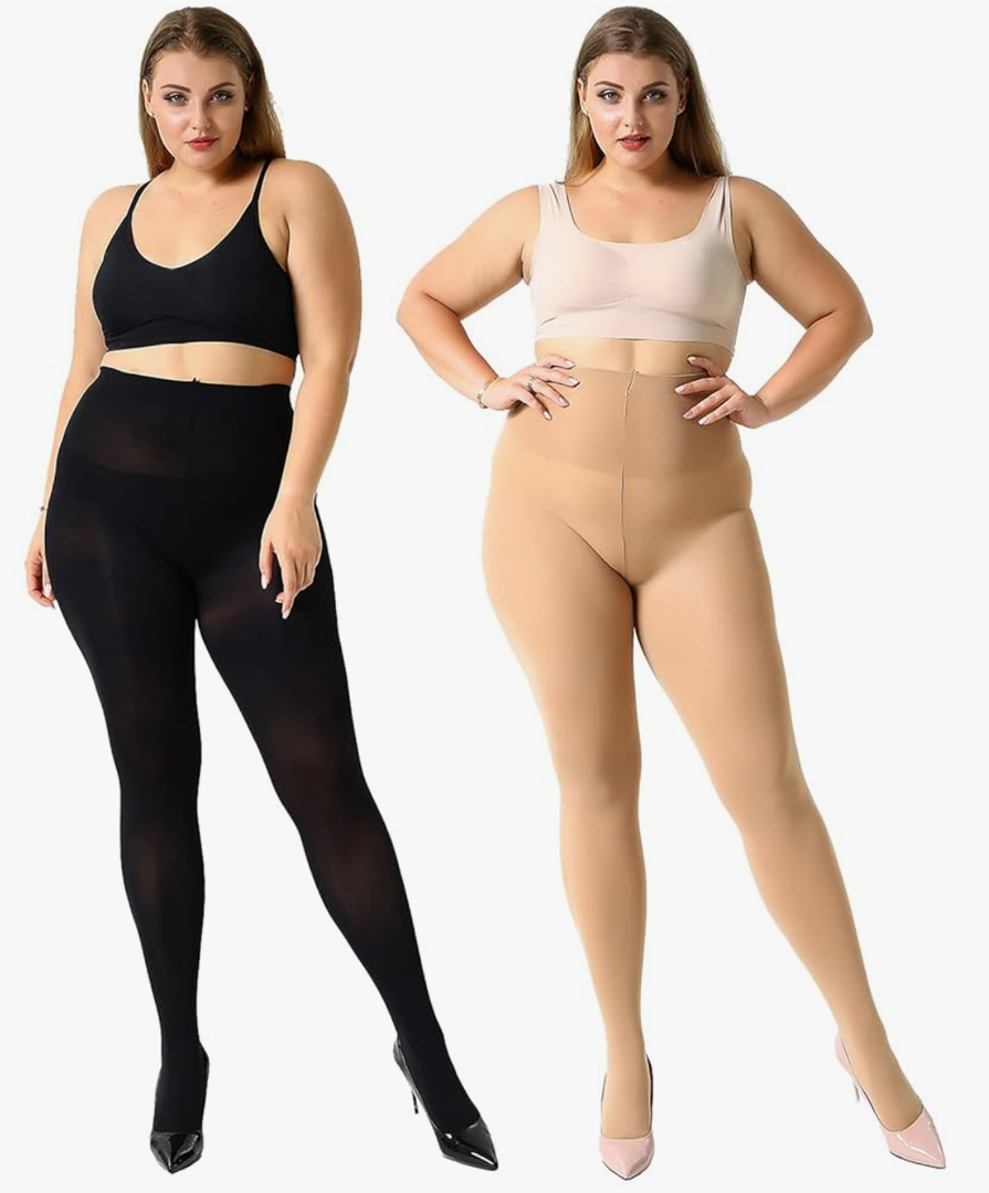 MANZI Women's 2 Pairs Control Top Pantyhose High Waist Plus Size Tights Ultra-Soft, Color Mixture, Size 3XL/4XL