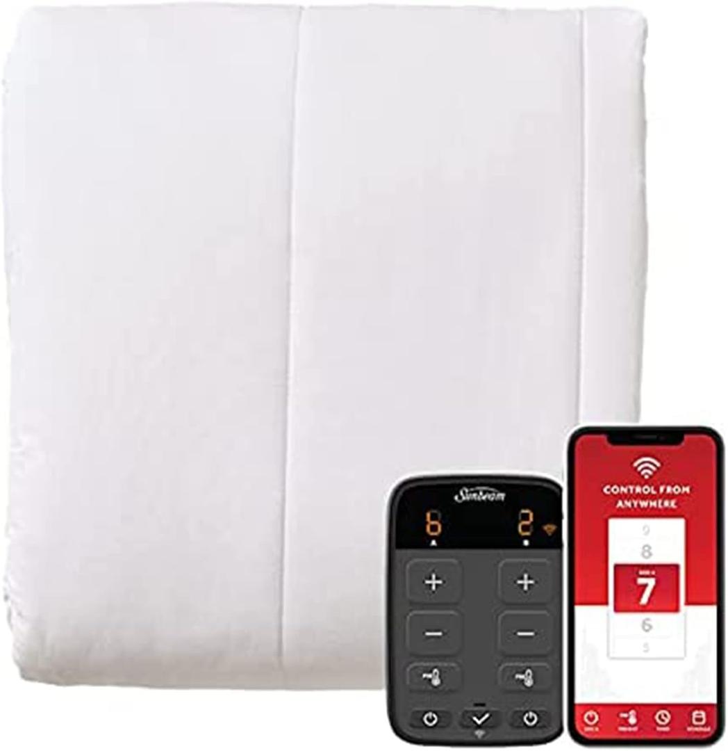 Sunbeam Polyester Wi-Fi Connected Mattress Pad, Electric Blanket, 10 Heat Settings, King Size, White