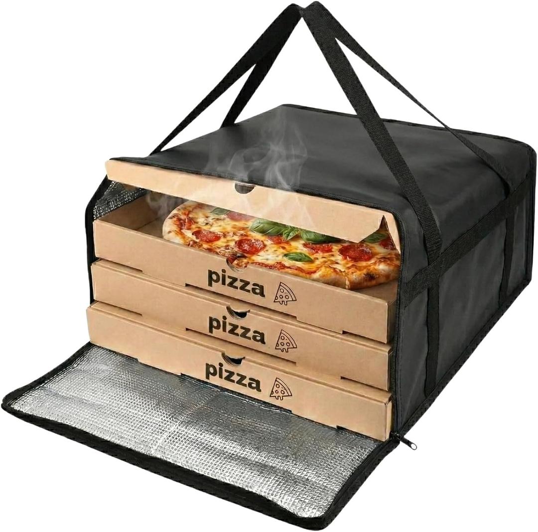 19.6" x 19.6" x 5.9" Insulated Pizza Delivery Bag with Zipper Closure, Thermal Food Carrier for Hot & Cold Meals, Reusable Delivery Bag for Catering, Transport & Home Use, Black (1 Pack)