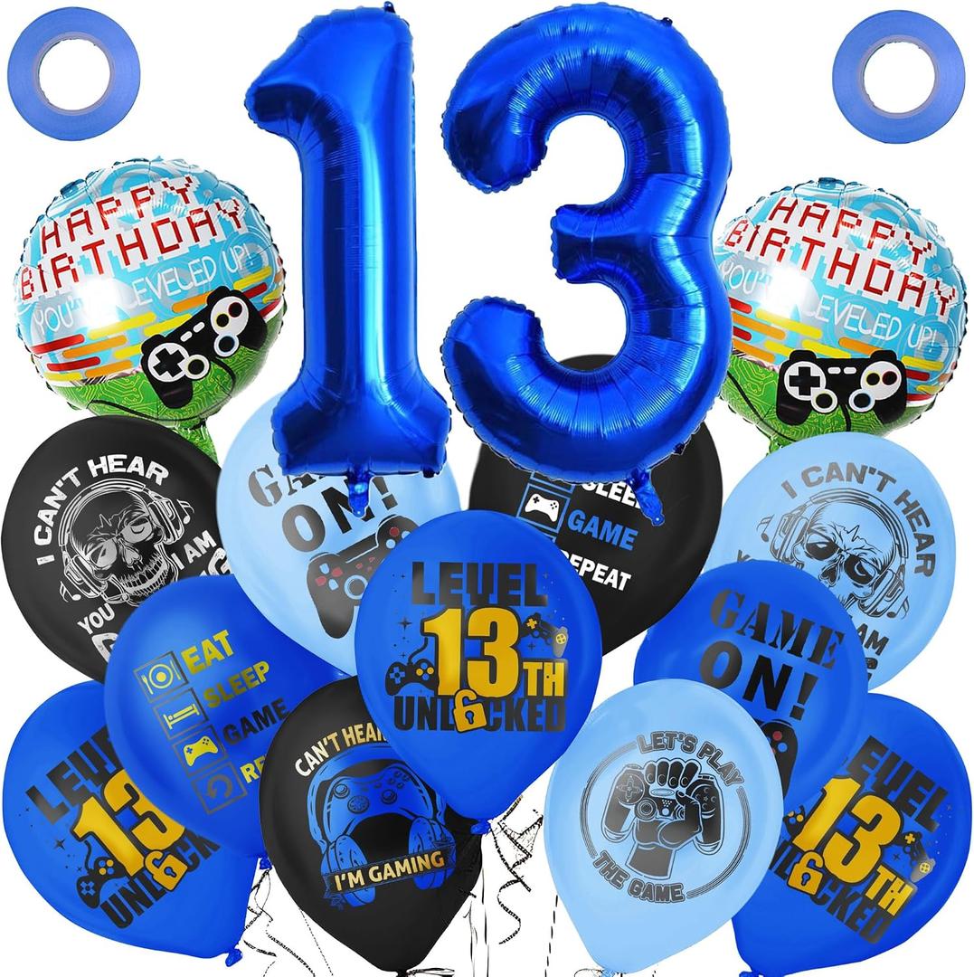2 x Blue 13th Video Game Birthday Party Decoration Balloons Game on Party Supplies Set Include Happy Birthday Banner Foil Balloon Latex Balloon Ideal for Kids Boys Party Room Activities Decor