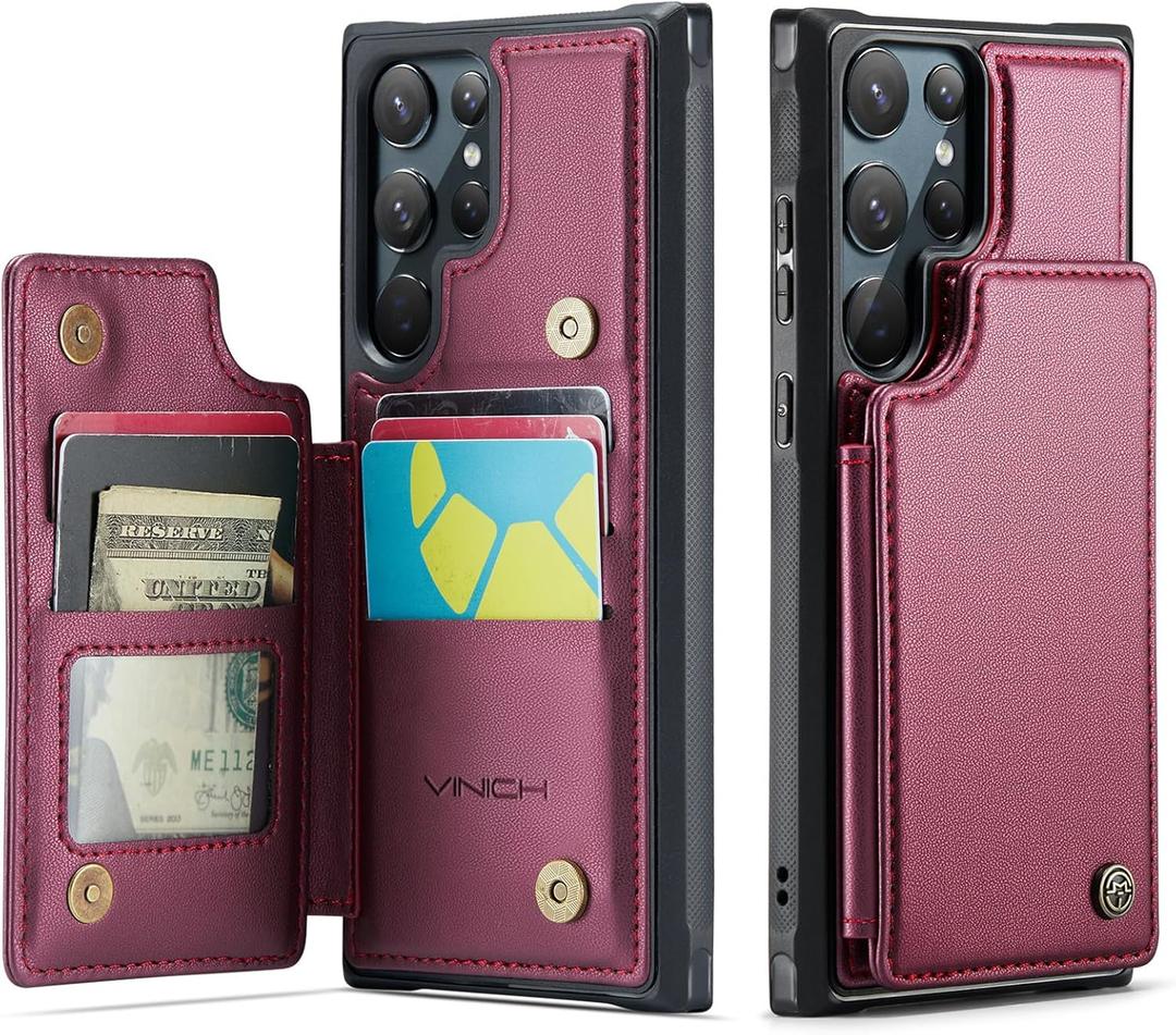 Vinich for Samsung Galaxy S22 Ultra Wallet Case with Card Holder, RFID Blocking Credit Slots Kickstand Shockproof Phone Cover Fit for Galaxy S22 Ultra 6.8" Wine Red