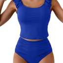 Eomenie Tankini Swimsuits for Women Ruched Tummy Control Bathing Suits Two Piece Swim Tank Top with High Waisted Bottom (Small, Royal Blue)