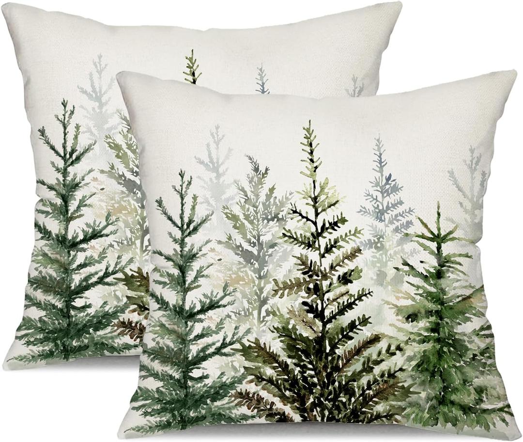 DFXSZ Christmas Pillow Covers 18x18 inch Set of 2 Watercolor Blue Green Christmas Tree Rustic Style Nature Forest Print Decorative Throw Pillows Winter Xmas Decor TH-32B18