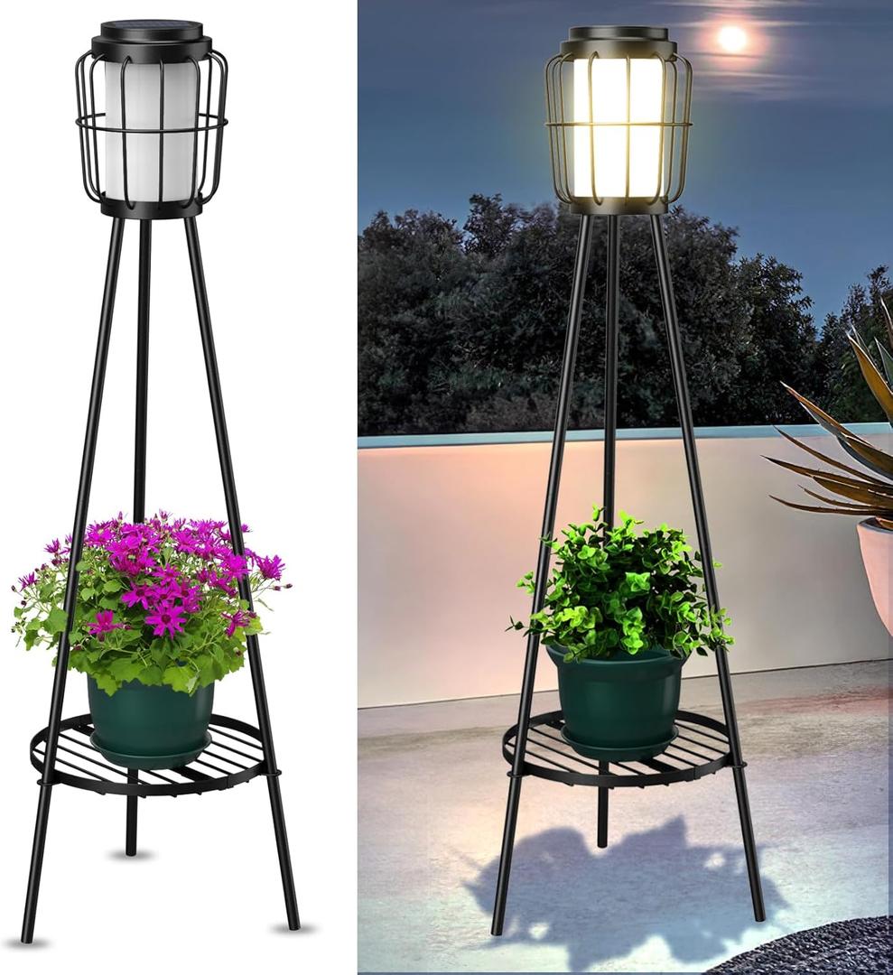 MXwcy 2 Pack Solar Lights Outdoor with Plant Stands - Solar Floor Lamp & Street Lights with Metal Tripod - Patio Decor for Garden, Yard, Pathway, Driveway, Porch (36in, A- 2Pack Black - Single shelf)