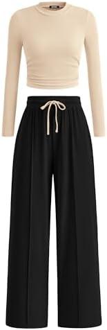 BTFBM Casual  For Women Fall Outfits 2026 Ribbed Spring Long Sleeve Crop Leg Pants, M