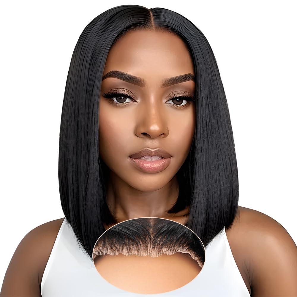 9x6 Bob Wigs Human Hair Glueless Wear and Go 14 Inch Black Short Bob Pre Bleached Ready to Wear Wig 200% Density for Women