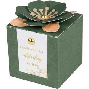 FEIYI 20 PCS Favor Boxes, 3 In 1 Olive Green Candy Boxes with Floral Decor, White Thank You Tags Gold Foil Print Gift wrapping for Wedding, Baby Shower, Birthday, Decorations Party - 2.55x2.55x2.55