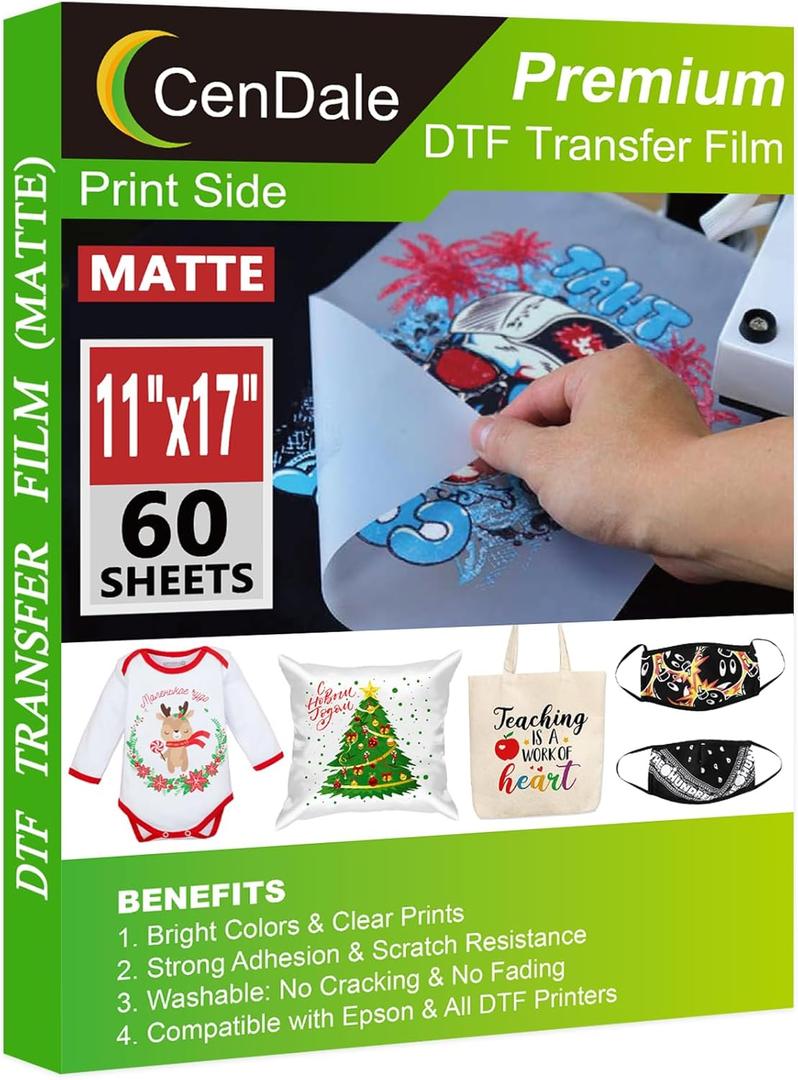 CenDale DTF Transfer Film 11"x17" - 60 Sheets Double-Sided Matte DTF Film for Sublimation Hack on Cotton, Direct to Film Printing on Dark and Light T-Shirts Textile, Hot & Cold Peel DTF Paper