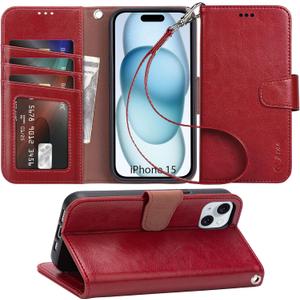 Arae Compatible with iPhone 15 Case with Card Holder and Wrist Strap Wallet Flip Cover for iPhone 15 6.1 inch, Red Arae Compatible with iPhone 15 Case with Card Holder and Wrist Strap Wallet Flip Cover for iPhone 15 6.1 inch, Red