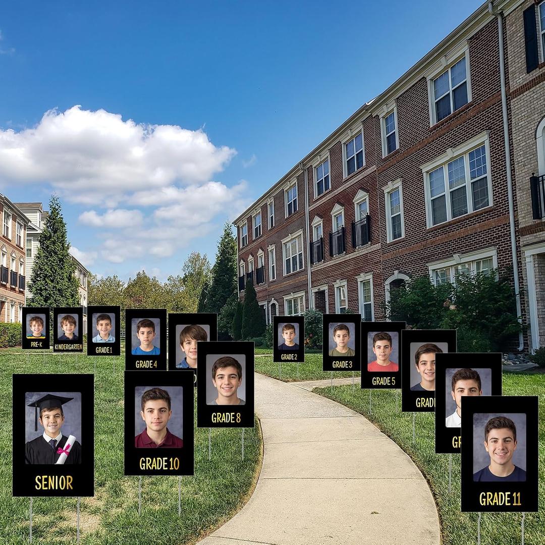 14 Pcs Graduation K-12 Yard Sign Display Photo 12 x 18 Inches Class of 2026 School Years Yard Sign with Pictures Display for Grad Party Walkway Lawn Decoration(Solid Color,Black)