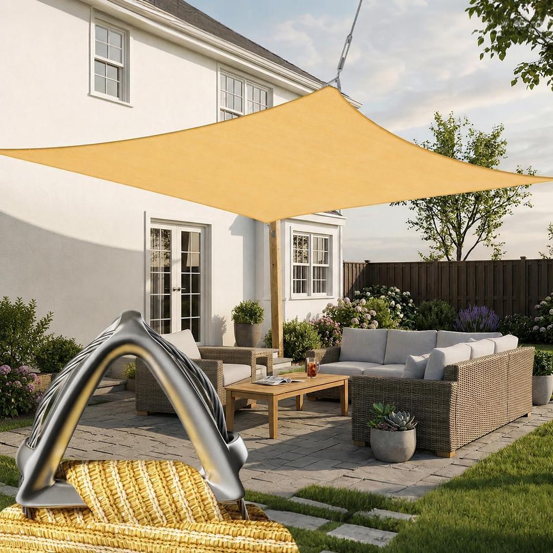 Heavy Duty 16' x 24' Beige Sun Shade Rectangle Pro Ring Shade Sail, 260 GSM Commercial Grade UPF50 Sunshade, Reinforced Corners & Edges - 5YearWarranty (We Make Custom Size)