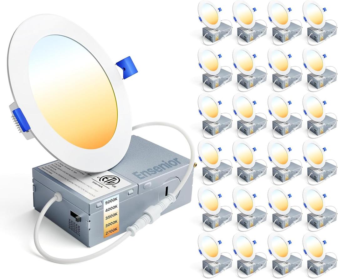 Ensenior 24Pack 4 Inch LED Recessed Ceiling Light, 5CCT, 750LM 9W 120V
2700K-5000K Selectable, 5%-100% Dimmable, Ultra-Thin Canless Wafer Downlight, Aluminum, Damp Rated, ETL&FCC&IC